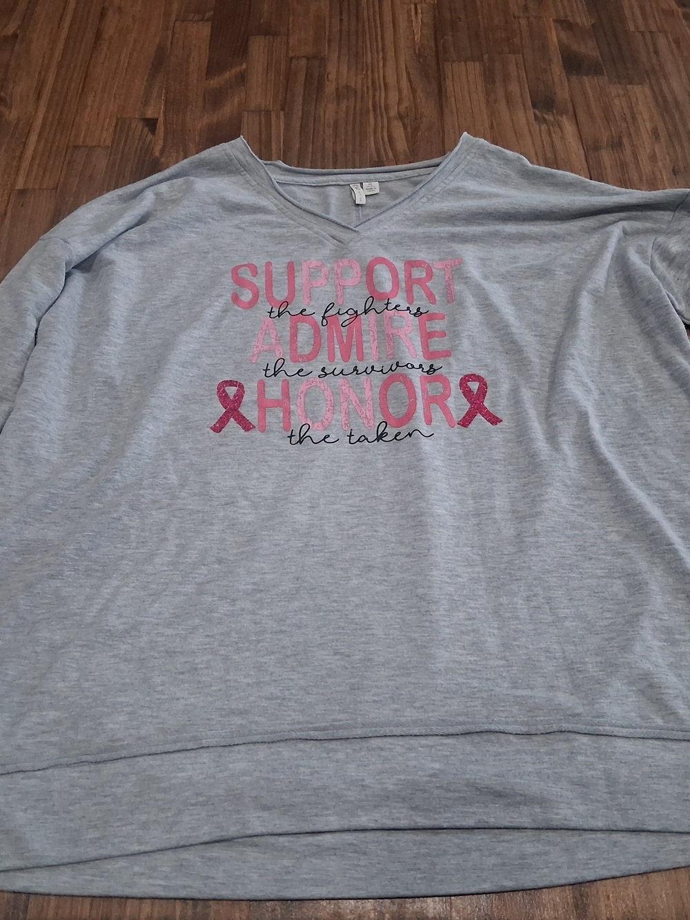 Ladies Catos with Pink Support Ribbon Graphic Long Sleeve Shirt, Size XL